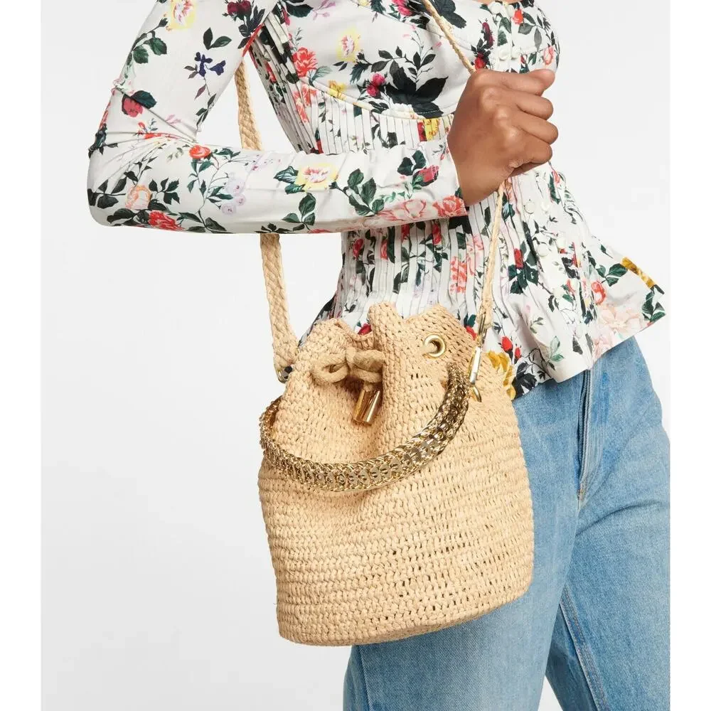 PACO RABANNE Natural Raffia Bucket Bag Gold Chain Link Top Handle Crossbody Bag